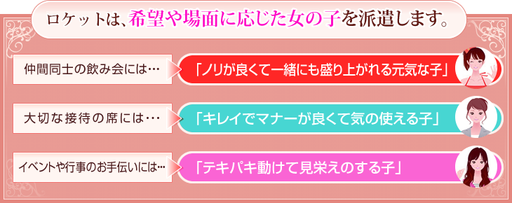 ロケットは、希望や場面に応じた女の子を派遣します。